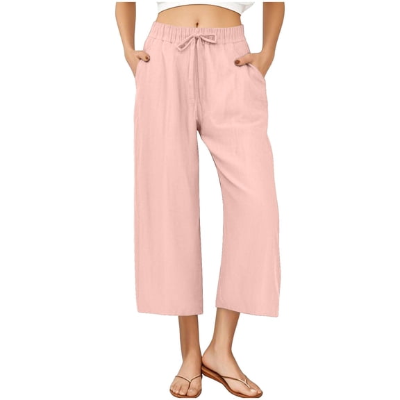 YUGYXL Womens Solid Color Capri Pant Stretch Waist Cropped Pants Drawstring Loose Lightweight Wide Leg Trousers Pink XL