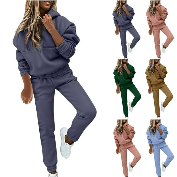 YUGYXL Womens Solid Color Sweatsuits 2 Piece Tracksuit Sets Thin Fleece Hoodie Sweatshirt Match Stretch Sweatpants Leisure Jogger Outfits Today Navy,S
