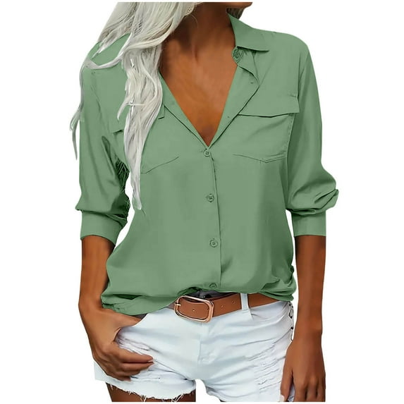 YUGYXL Womens Solid Lapel Long Sleeves Button Down Shirt Top Casual Basic Office Blouse Green L