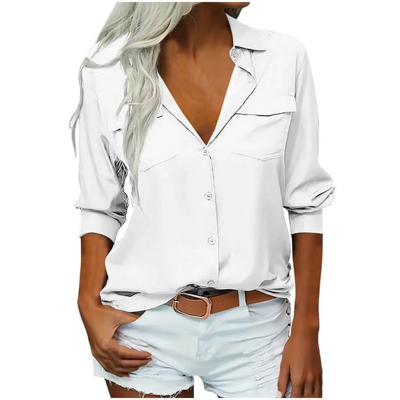 YUGYXL Womens Solid Lapel Long Sleeves Button Down Shirt Top Casual Basic Office Blouse White XL
