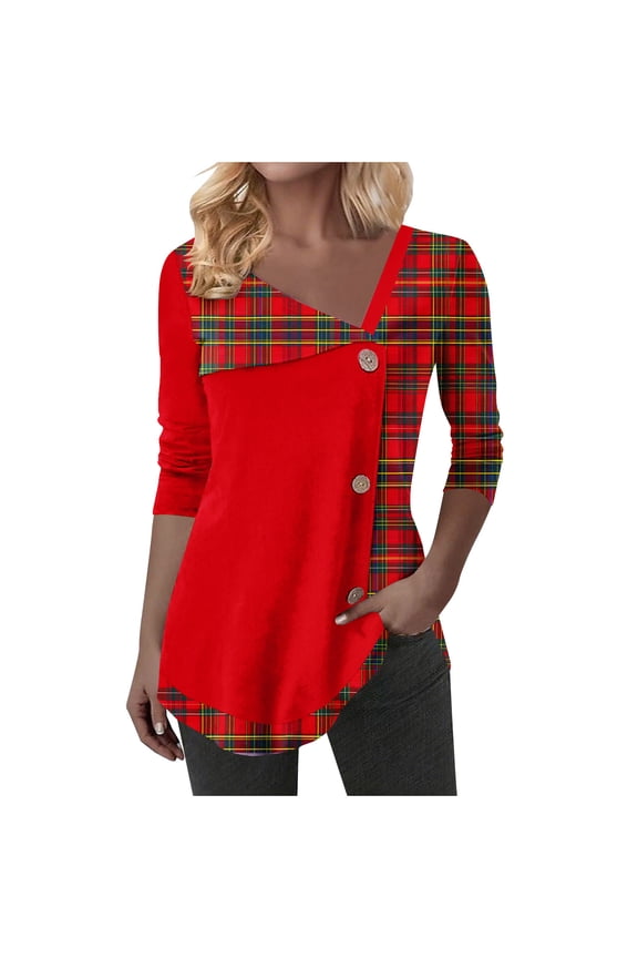 Womens Spring Trendy Long Sleeve Plaid Print Cowl Neck Asymmetrical Hemline Flowy Tunic Top Fall Causal Blouses Red Sweatshirts M