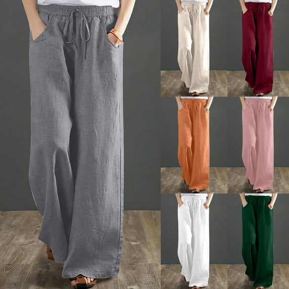 YUGYXL Womens Straight Wide Leg Pants Dressy Linen Long Pants Drawstring Baggy Lounge Pants with Pockets White S