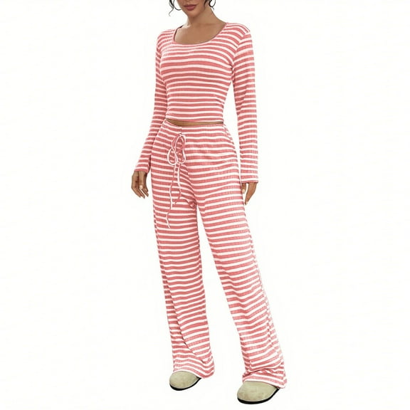 YUGYXL Womens Striped 2 Piece Sets Square Neck Top Cropped Tunic Wide Leg Pants Casual Lounge Sweatsuits Vacation Clothes Pink M