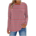 thumbnail image 1 of YUGYXL Womens Striped Long Sleeve Shirt Boat Neck Tops Loose Fit Tshirt Holiday Blouse Red S, 1 of 5