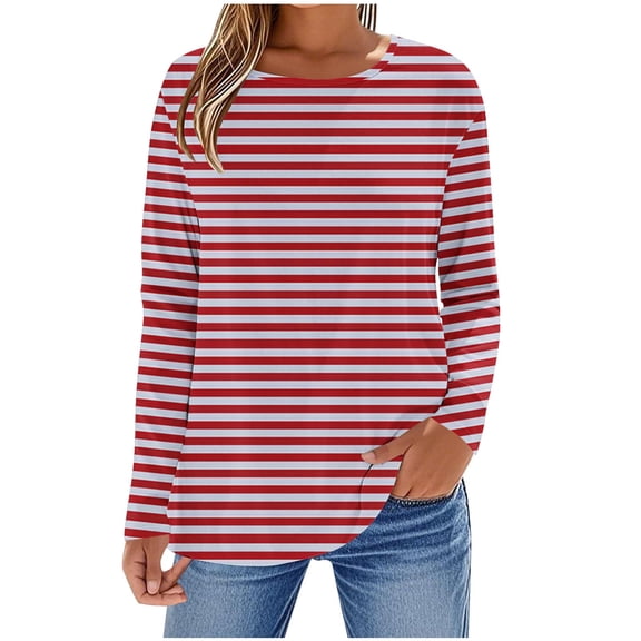 YUGYXL Womens Striped Long Sleeve Shirt Boat Neck Tops Loose Fit Tshirt Holiday Blouse Red XL