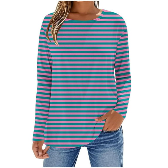YUGYXL Womens Striped Long Sleeve Shirt Boat Neck Tops Loose Fit Tshirt Holiday Blouse Sky Blue XL