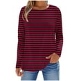 thumbnail image 1 of YUGYXL Womens Striped Long Sleeve Shirt Boat Neck Tops Loose Fit Tshirt Holiday Blouse Wine XXL, 1 of 5