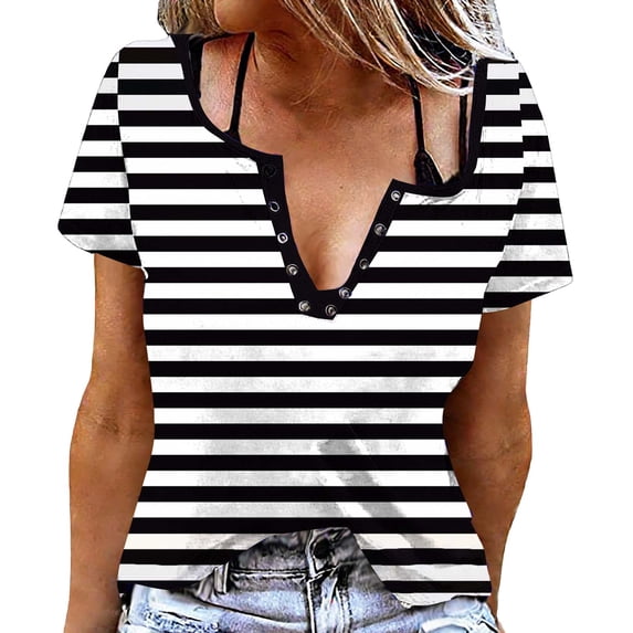 YUGYXL Womens Striped Summer Tops V Neck Button T Shirts Casual Loose Fit Stretch Lightweight Fashion Clothes Black M