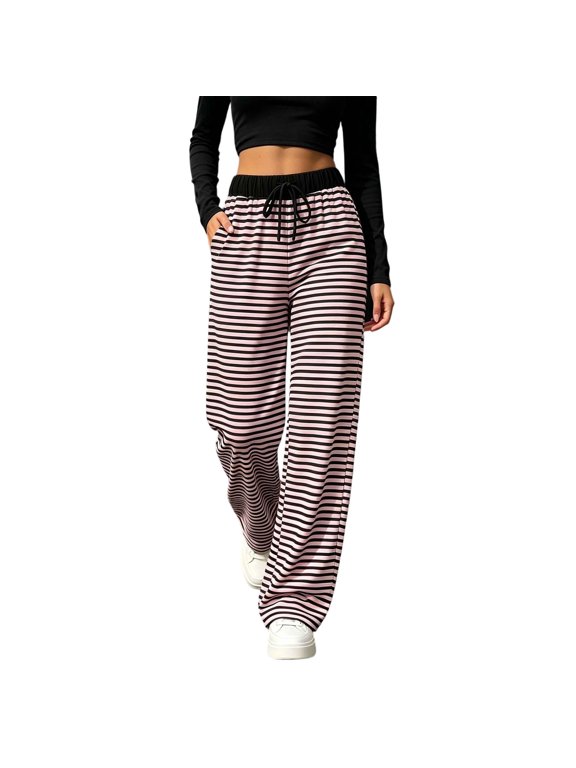 Womens Striped Sweatpants Casual Loose Wide Leg Lounge Trousers Good for Couch Lounging Travel Flights and Casual Walks Pink Pants