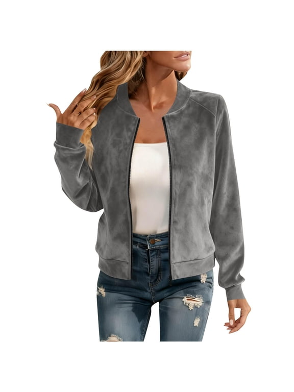 Womens Suede Jacket Full Zip Bomber Jackets Long Sleeve Open Front Lightweight Coats Faux Suede Leather Coat Outwear Gray Jackets XXL