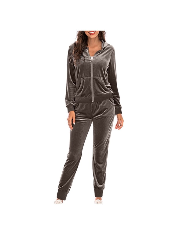 Womens Suits 2 Piece Set Velour Tracksuit Two Piece Soft Velvet Hooded Outfits Sweatsuits Zip Up Hoodie Jacket Dark Gray XXL