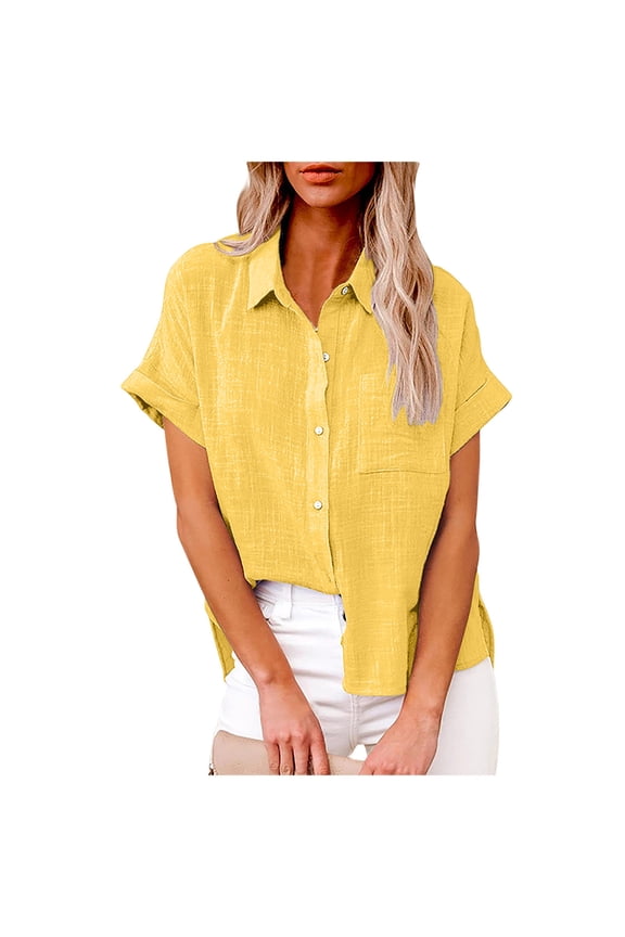Womens Summer Button Cotton Linen Shirts Short Sleeve Business V Neck Lapel Blouse Work Office Formal Casual Tops with Pocket 2025 Trendy Solid Plus Size Tunics