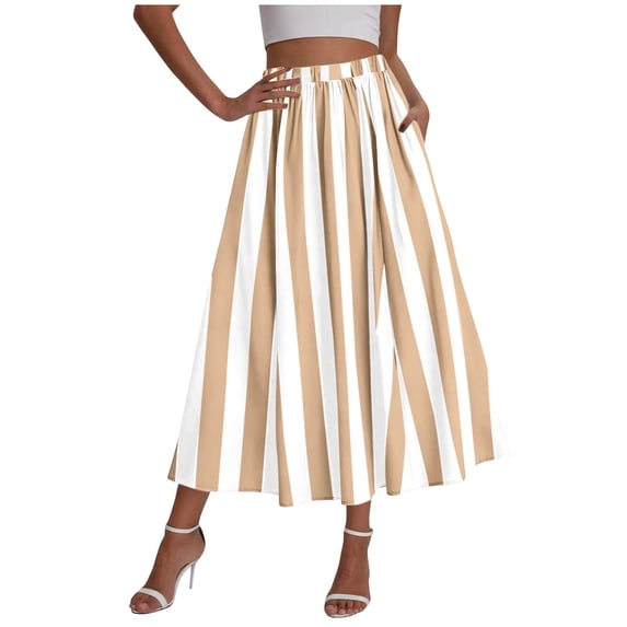 YUGYXL Womens Summer Striped Maxi Skirts A-Line Elastic Waist Flowy Skirt Beach Vacation Outfits Khaki XL