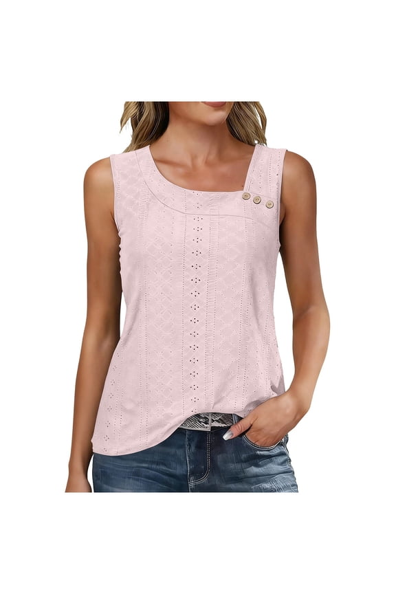 Womens Summer Tank Tops Square Neck Button Tunic Shirts Sleeveless Elegant Tops Dressy Eyelet Camisole for Going Out Pink XL