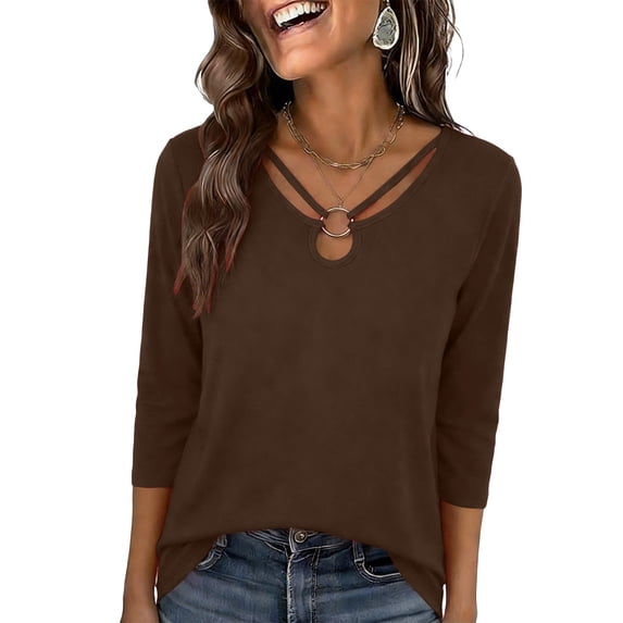 YUGYXL Womens Summer Tops 3/4 Sleeve Shirts Cutout V Neck Tshirts Spring Blouses Casual Loose Beach Vacation Clothes Brown Tops L