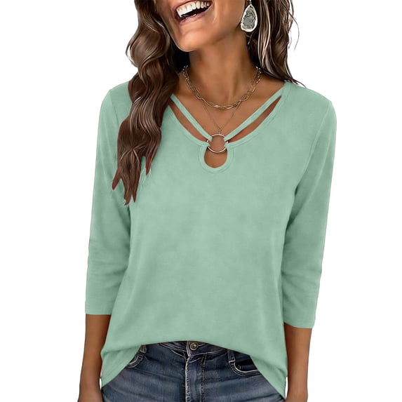 YUGYXL Womens Summer Tops 3/4 Sleeve Shirts Cutout V Neck Tshirts Spring Blouses Casual Loose Beach Vacation Clothes Mint Green Tops M