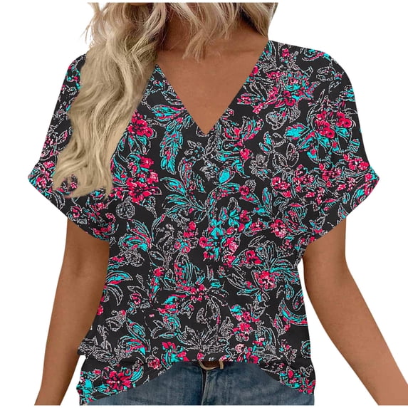 YUGYXL Womens Summer Tops Casual Short Sleeve Shirts Plus Size Oversized Trendy Boho Floral Graphic Tee Hot Pink Tops S