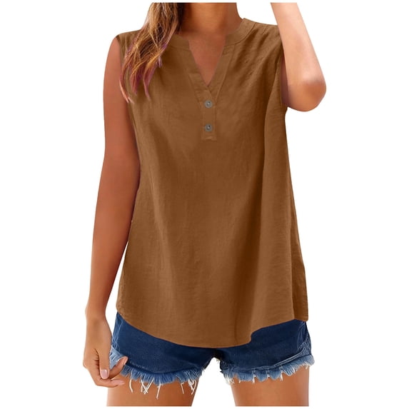 YUGYXL Womens Summer Tops Sleeveless Linen Shirts Button Down Cotton Tank Top V Neck Blouses Beach Vacation Clothes Brown XXL
