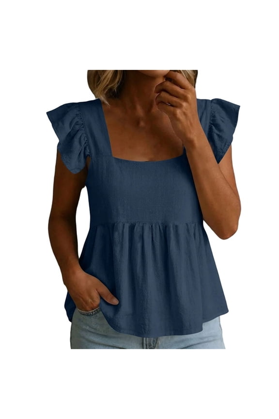 Womens Summer Tops Square Neck Pleated Short Sleeve Blouse Dressy Casual Ruffle Hem Cotton Linen Shirts Daily Wear Navy Top XL