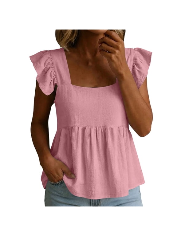 Womens Summer Tops Square Neck Pleated Short Sleeve Blouse Dressy Casual Ruffle Hem Cotton Linen Shirts Daily Wear Pink Top S