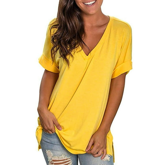 YUGYXL Womens Summer V Neck Tunics Comfy Short Sleeve T Shirts Casual Loose Fit Solid Color Tees Tops 2025 Trendy Work Shirts