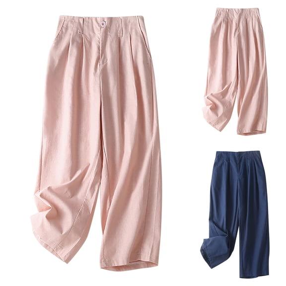 YUGYXL Womens Summer Wide Leg Pants 2025 Lounge Button Linen Trousers Dressy Straight Long Pants Holiday Solid Pants Navy L