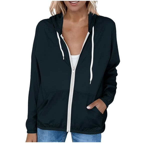 YUGYXL Womens Sun Protection Jacket Lightweight Summer Spring Full Zip Hoodies Athletic Outdoor Long Sleeve UV Shirts Black L