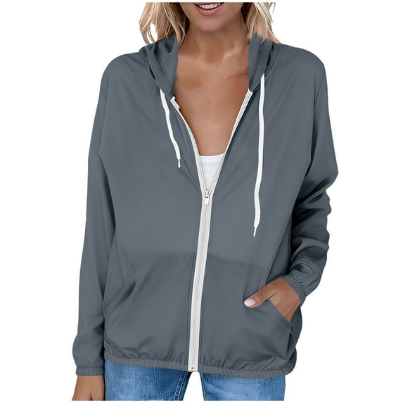 YUGYXL Womens Sun Protection Jacket Lightweight Summer Spring Full Zip Hoodies Athletic Outdoor Long Sleeve UV Shirts Dark Gray XXL