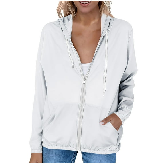 YUGYXL Womens Sun Protection Jacket Lightweight Summer Spring Full Zip Hoodies Athletic Outdoor Long Sleeve UV Shirts White XL