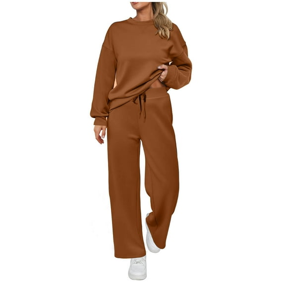 YUGYXL Womens Sweatsuit Sets Pullover Loose Crewneck Sweatshirt Jogging Tracksuit 2 Piece Lounge Outfits with Pockets Brown XXL