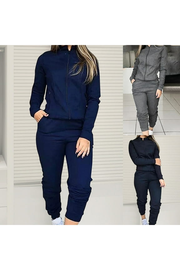 Womens Sweatsuits 2 Piece Casual Tracksuit Sets Full Zip Slim Fit Sweatshirt Jacket And Sweatpants Leisure Jogger Outfits Sale Blue,L
