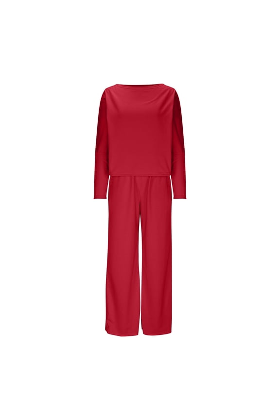 Womens Sweatsuits Sets Long Sleeve Crewneck Top Wide Leg Pants Two Piece Outfits Red XXXL