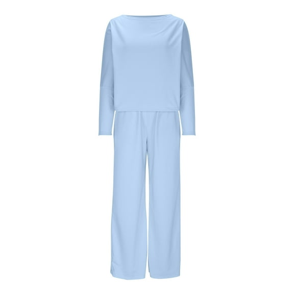 YUGYXL Womens Sweatsuits Sets Long Sleeve Crewneck Top Wide Leg Pants Two Piece Outfits Sky Blue XL
