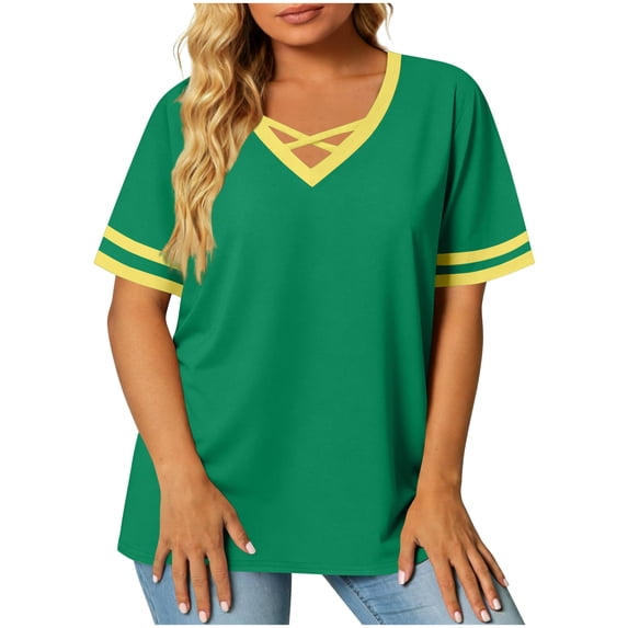 YUGYXL Womens T-Shirt Short Sleeve Summer Oversized Tops V Neck Casual Basic Tees Fashion Color Block Plus Size Comfy Clothes Yellow Tops M