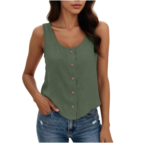 YUGYXL Womens Tank Tops Solid Button Crewneck Sleeveless Summer Tops Loose Fit Army Green