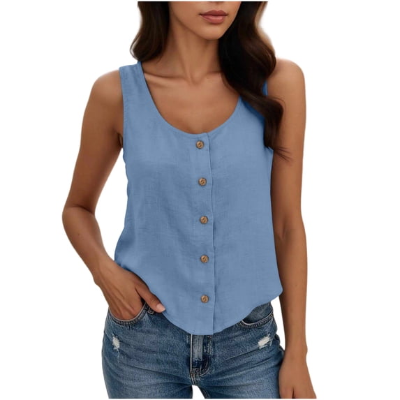 YUGYXL Womens Tank Tops Solid Button Crewneck Sleeveless Summer Tops Loose Fit Blue