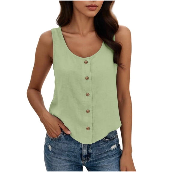 YUGYXL Womens Tank Tops Solid Button Crewneck Sleeveless Summer Tops Loose Fit Green