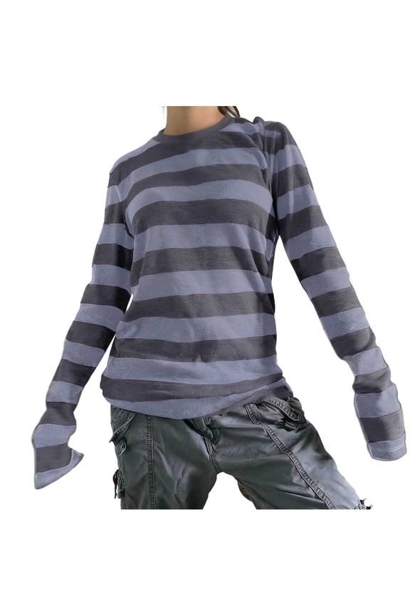 Womens Teen Girls Clothes Y2k Long Sleeve Baggy Shirt Graphic Tee Fall Vintage Streetwear T-Shirt Blue M