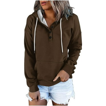YUGYXL Womens Thin Fleece Hoodie Casual Button V-Neck Solid Color Sweatshirt with Kangaroo Pocket Loose Fit Long Sleeve Drawstring Hooded Pullover Fall Savings Coffee,S