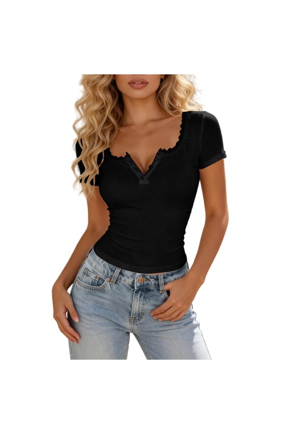 Womens Tops Casual Lace Trim V Neck Blouses Short Sleeve Fitted Shirt Cute Summer Street Style Blouses Black Top XS