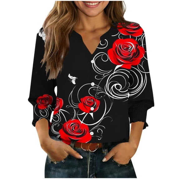 YUGYXL Womens Tops Casual Tropical Flower Blouses Ruffle Sleeve V Neck 3/4 Length Sleeve Womens Tops Shirts Red XXL