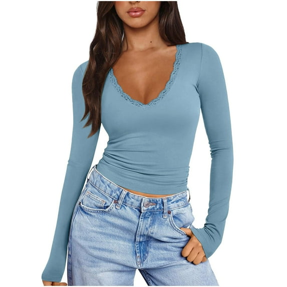 YUGYXL Womens Tops Going Out Tops Long Sleeve Shirts for Women Teen Girl Y2K Crop Top Lace V Neck Blouses Slim Tight Fit Tee Sky Blue S