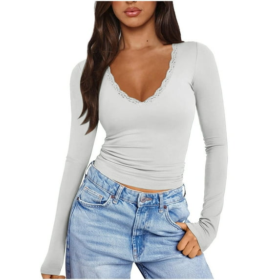 YUGYXL Womens Tops Going Out Tops Long Sleeve Shirts for Women Teen Girl Y2K Crop Top Lace V Neck Blouses Slim Tight Fit Tee White XXL
