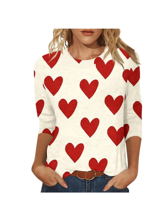 Womens Tops Heart Print 3/4 Sleeve T-Shirts Plus Size Valentine's Day Graphic Tees Shirt Crewneck Pullover Top Lightning Today Red,XL