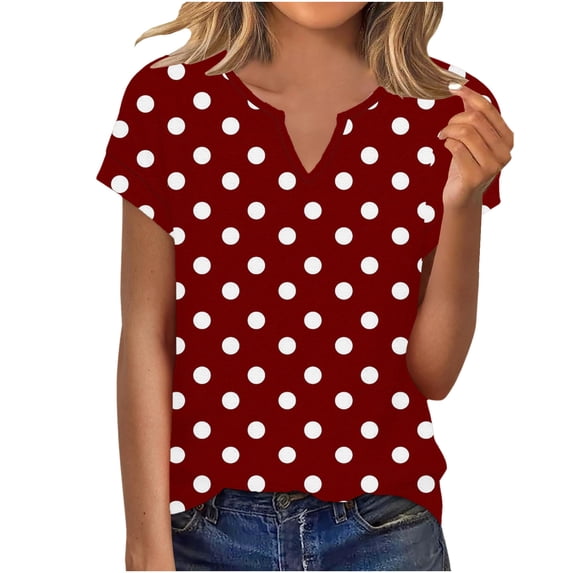 YUGYXL Womens Tops Polka Dot T Shirts Short Sleeve V Neck Summer Casual Loose Basic Tee Shirt Trendy Fashion Tee Clothes Red XXL