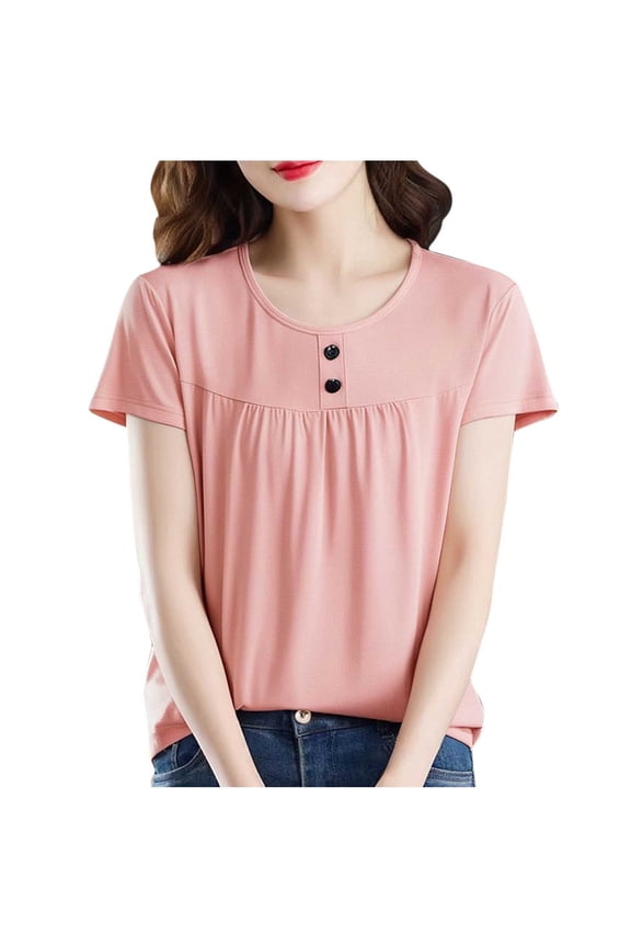 Womens Tops Short Sleeve Shirts Summer Outfits Spring Dressy Casual Clothes Front Pleated Crew Neck Loose Fit Clothing Pink XXXXL