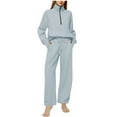 thumbnail image 1 of YUGYXL Womens Travel Outfit 2 Piece Sets Half Zipper High Neck Blouse Drawstring Comfy Wide Leg Sweatpant Light Blue M, 1 of 6