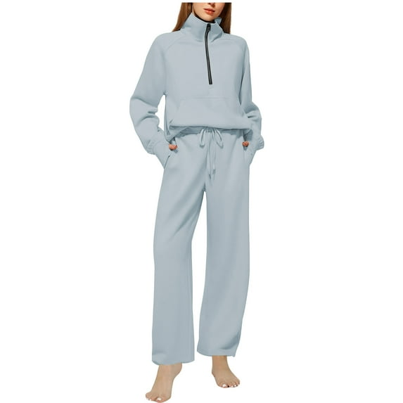 YUGYXL Womens Travel Outfit 2 Piece Sets Half Zipper High Neck Blouse Drawstring Comfy Wide Leg Sweatpant Light Blue M