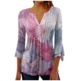 thumbnail image 1 of YUGYXL Womens Trendy 3/4 Bell Sleeve Blouse Casual Ruffled Floral Tunics Comfy Button V-Neck Henley Shirts Summer Pleated Swing Plus Size Tops, 1 of 4
