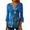 thumbnail image 1 of YUGYXL Womens Trendy 3/4 Bell Sleeve Blouses Casual Ruffled Floral Tunics Comfy Button V-Neck Henley Shirts Summer Pleated Swing Tops C Multicolor M, 1 of 5